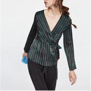 Zara Wrap Top Womens Small Striped Satin Long Sleeve Green Tie Closure Boho